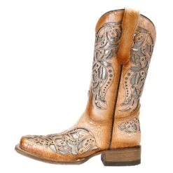 Corral Kids Tan Shiny Inlay Square Toe Cowgirl Boot -Cinc Clothing Shop T0104 2