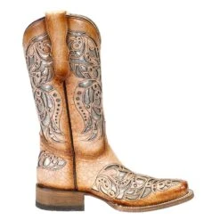 Corral Kids Tan Shiny Inlay Square Toe Cowgirl Boot -Cinc Clothing Shop T0104 4