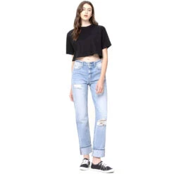Flying Monkey Women's High Rise 90's Vintage Straight Jeans With Cuff Hem -Cinc Clothing Shop Y2350 STRAIGHT 2